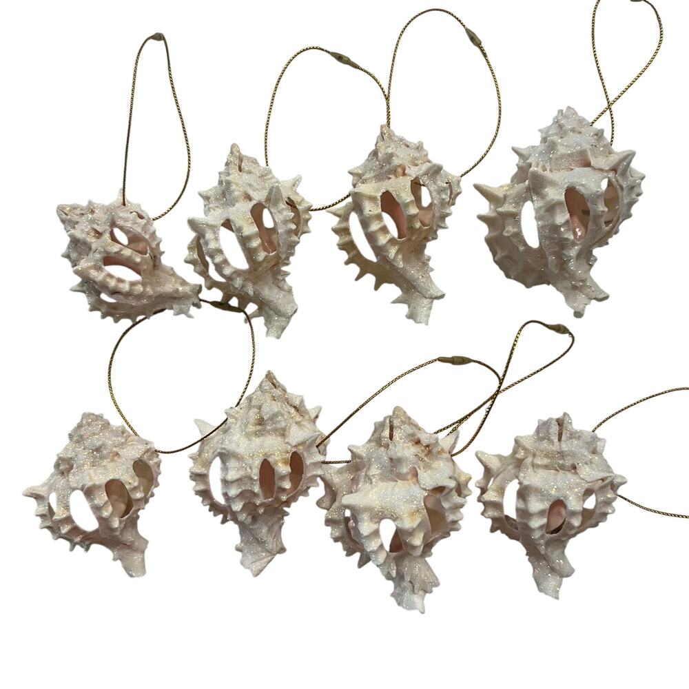 8pc Sliced Pink Murex Seashell Christmas Tree Ornaments Glitter Beach Holiday